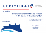 KIT<p>Certyfikat Krakowskiej Izby Turystyki potwierdzający członkostwo Biura Turystycznego KRAKUS.<p>